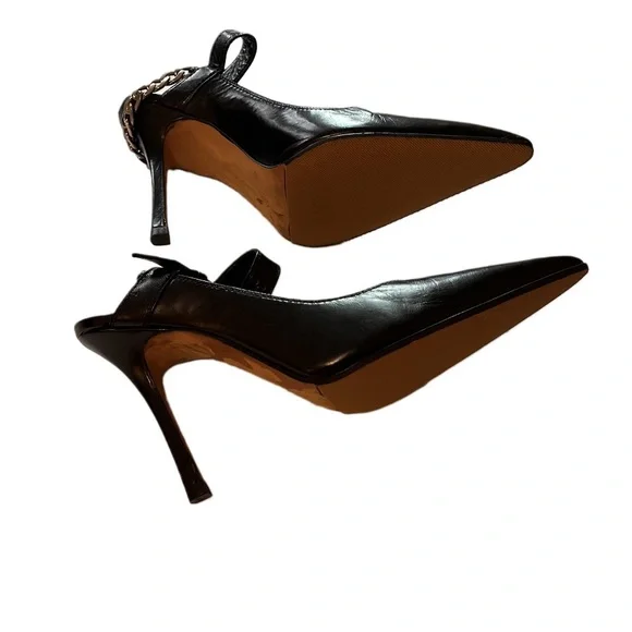 Womens Manolo Blahnik Black Point Toe Chain Heel Sleing Back Heels Size 36 - Picture 3 of 4